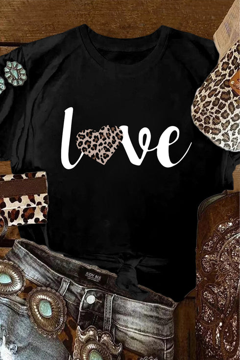 Black Love Leopard Heart Shape Print Short Sleeve T Shirt